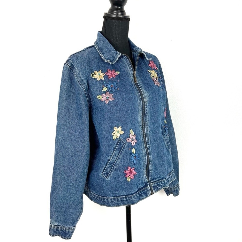 Vintage Womens Floral Embroidered Denim Jean Jacket LG Cottagecore Shabby Chic - Picture 3 of 12